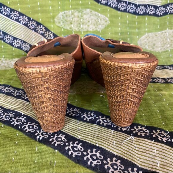 Spring Step Blue and Brown Leather Boho Wedge Heels Size 9 - Picture 4 of 14